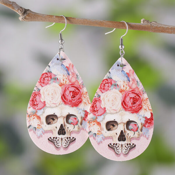 O1CN011xnAHE1ZzPzijMUcY_2214986983265-0-cib Wholesale Pink Rose Flower Butterfly Skull Earrings Double Sided PU Leather Water Drop Earrings