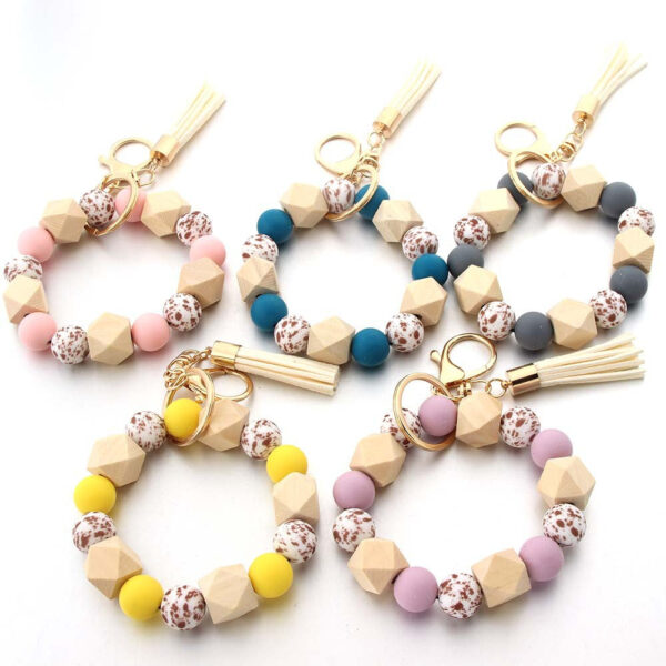 Wholesale Leopard Print Silicone Beaded Wrist Keychain