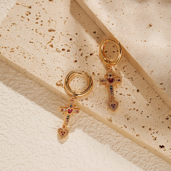 Wholesale Cross Real Gold Plating Inlaid Colored Zircon Love Earrings
