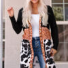 Wholesale Winter Polyester Cow Pattern Western Denim Patchwork Knitted Cardigan Mid Length Jacket