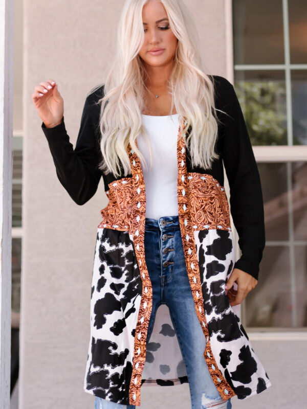 Wholesale Winter Polyester Cow Pattern Western Denim Patchwork Knitted Cardigan Mid Length Jacket