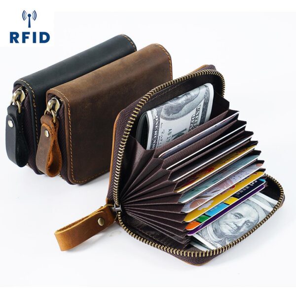 Wholesale Crazy Horse Leather RFID Anti-Magnetic Large Capacity Accordion Coin Wallet