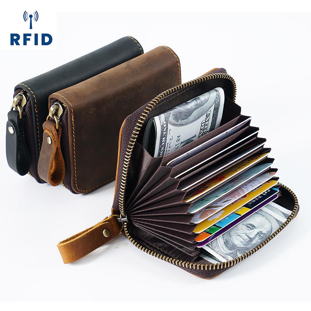 Wholesale Crazy Horse Leather RFID Anti-Magnetic Large Capacity Aordion Coin Wallet
