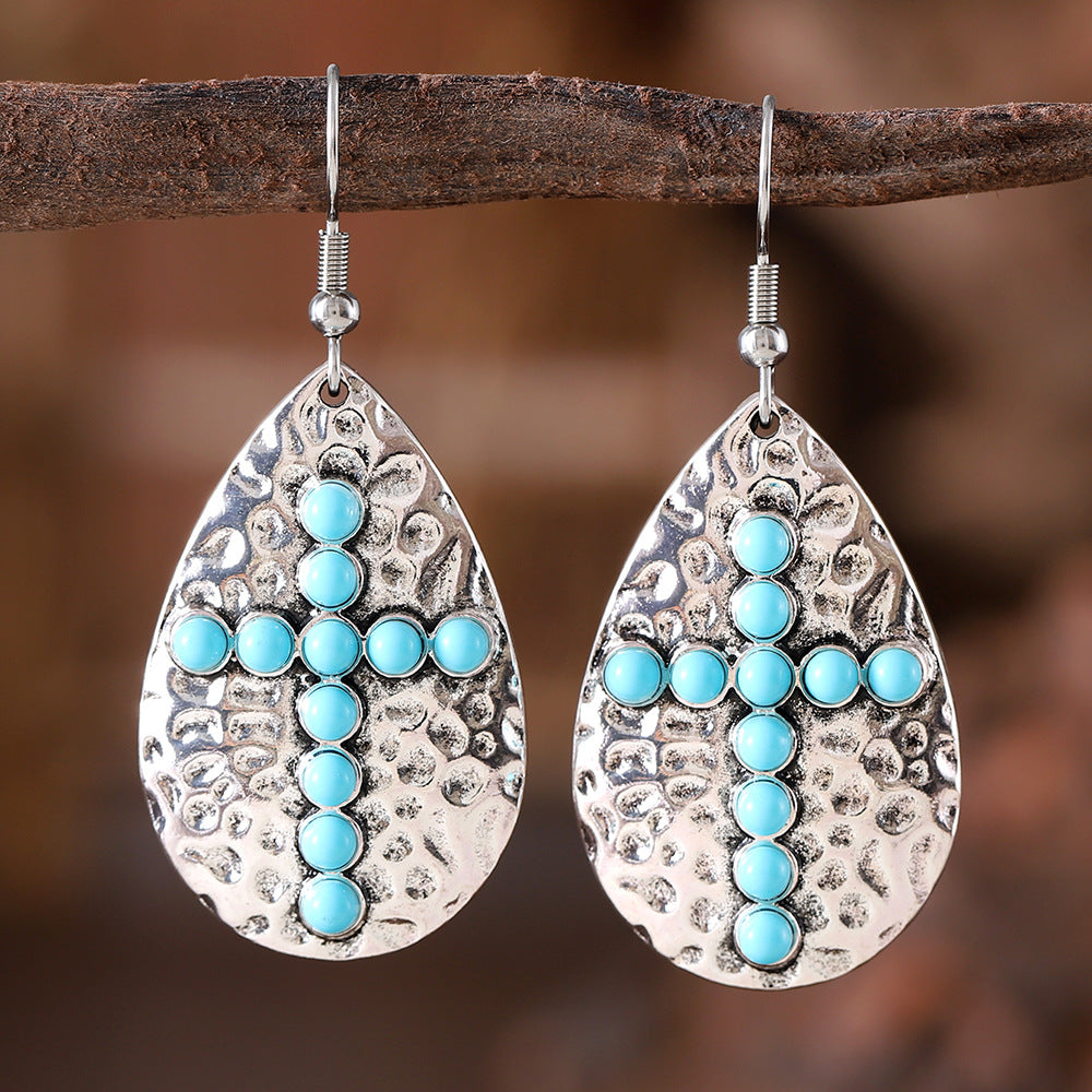 Wholesale Vintage Bohemian Geometric op-Shaped Turquoise Cross Pendant Earrings