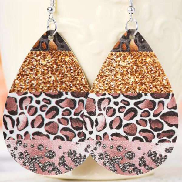 Wholesale Leopard Print Stitching Drop-shaped Leather Earrings