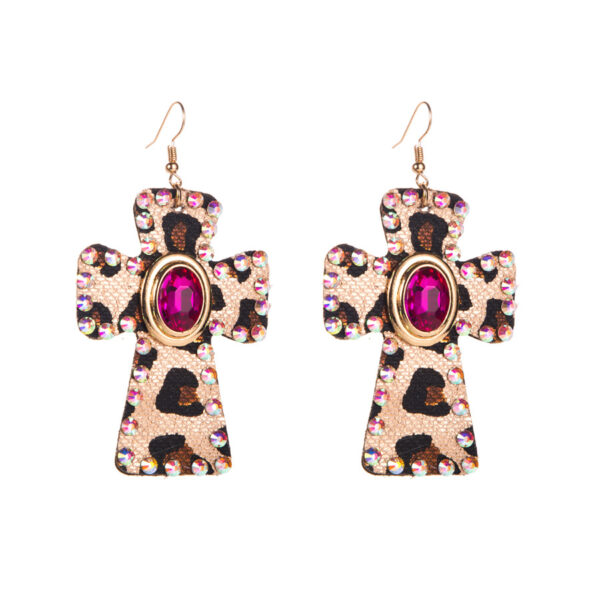 Wholesale Diamond Cross Leopard Print Leather Earrings