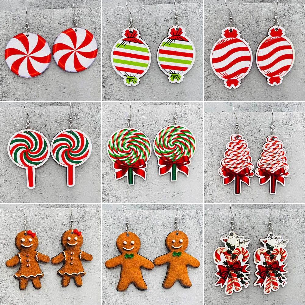 Wholesale Christmas Earrings Candy Cane Lollip Wooden Earrings