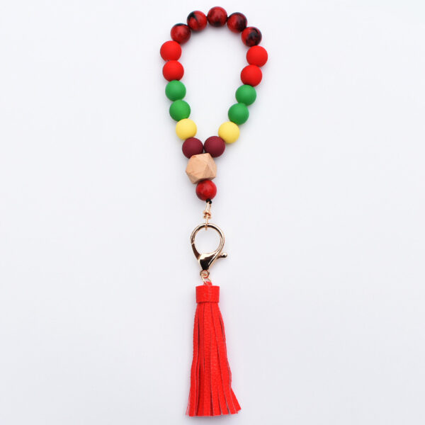 Wholesale Wooden Bead PU Printed Tassel Pendant Wrist Keychain