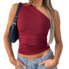 Wholesale Polyester Solid Color Single Shoulder Open Back Pleated Women's Tank Top T-shirt