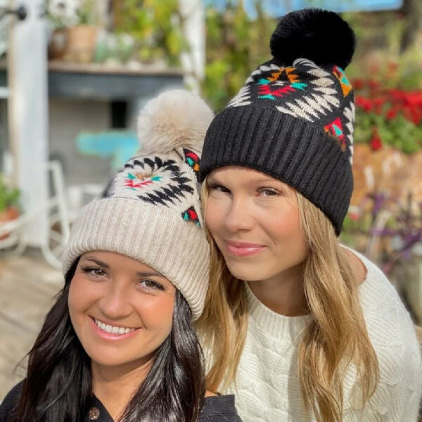 Wholesale Autumn and Winter Plush Women's Aztec Pattern Warm Wool Ball Knitted Wool Hat