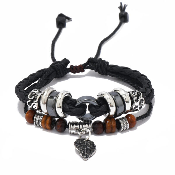 Wholesale Beaded Multi-layer Woven Leaves Men's Leather Bracelet