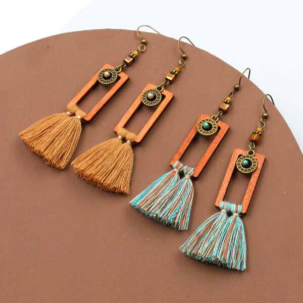 Wholesale Bohemian Square Tassel Long Wooden Earrings