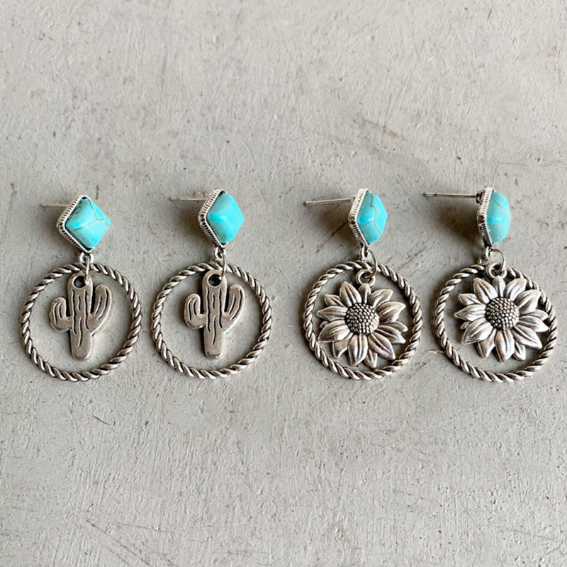 Wholesale Western Style Cactus Suower Alloy Turquoise Earrings