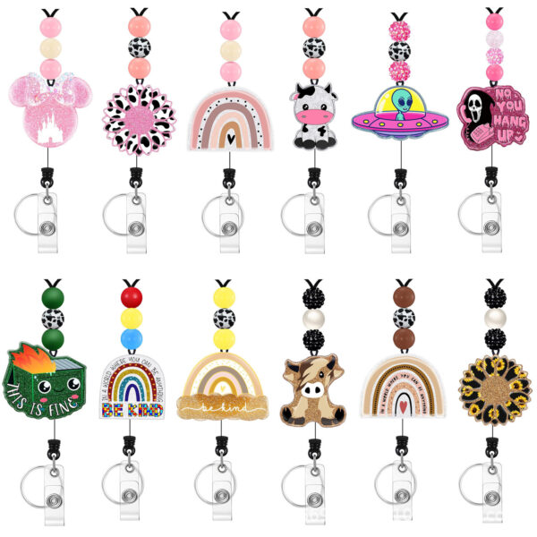 Wholesale Badge Reels Cow Leopard Print West Highland Cow Rainbow Sunflower Card Holder Silicone Beaded Lanyard Retractable Keychain
