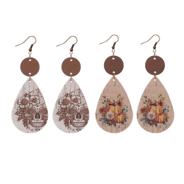 Wholesale Vintage Cork Leather Skull Pumpkin Flower Wood Chip Earrings