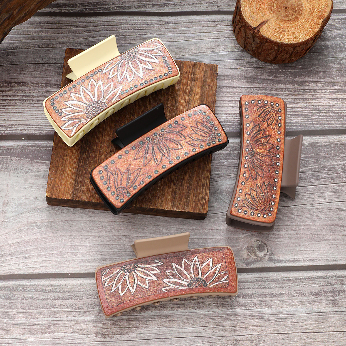 Wholesale leather hair clip with suower pattern claw clip shark clip