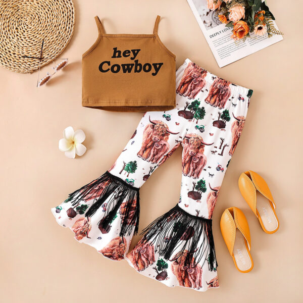 Wholesale Polyester Clothes Letter Suspenders Flared Pants Fashionable Two Piece Set