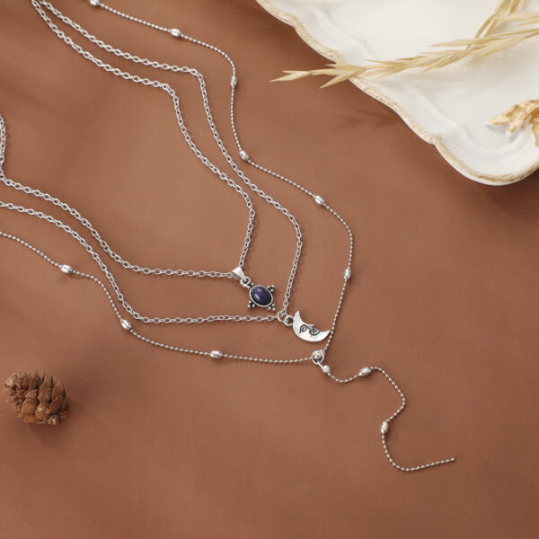 Wholesale Black Gemstone Moon Face Zinc Alloy Long Chain 3 Layer Necklace