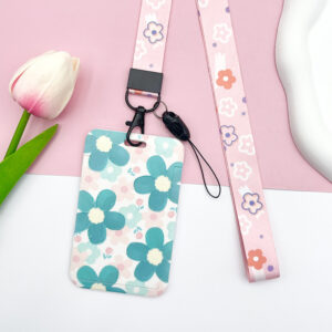 Five-leaf flowers-green and pink + pink flowers long lanyard