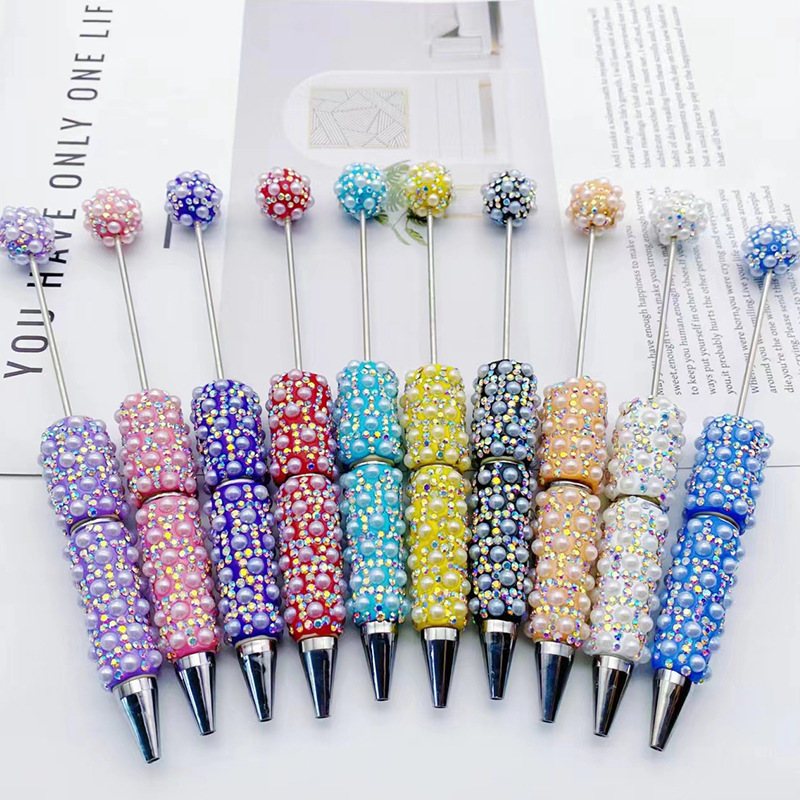 Wholesale Cross-border Heavy Industry Full ill Pearl Beaded Pen Creative Gradient Beaded Diy Ballint Pen Gift Colorful Pearl Pen