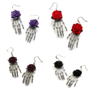 Wholesale Skeleton Hand Red Rose Gothic Alloy Earrings