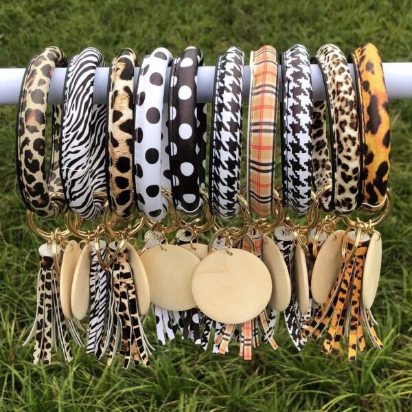 Wholesale Leopard Houndstooth Zebra Tassel Leather Wrist Keychain