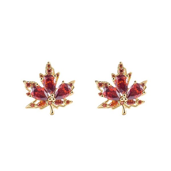 Wholesale Red Zircon Maple Leaf Copper Earrings