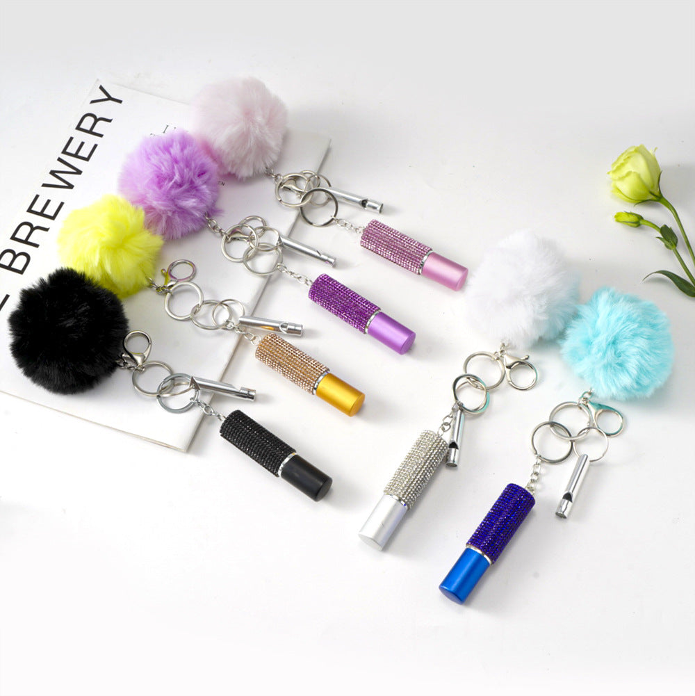Wholesale Fur Ball Rhinestone Perfume Bottle Whistle Combination Keychain