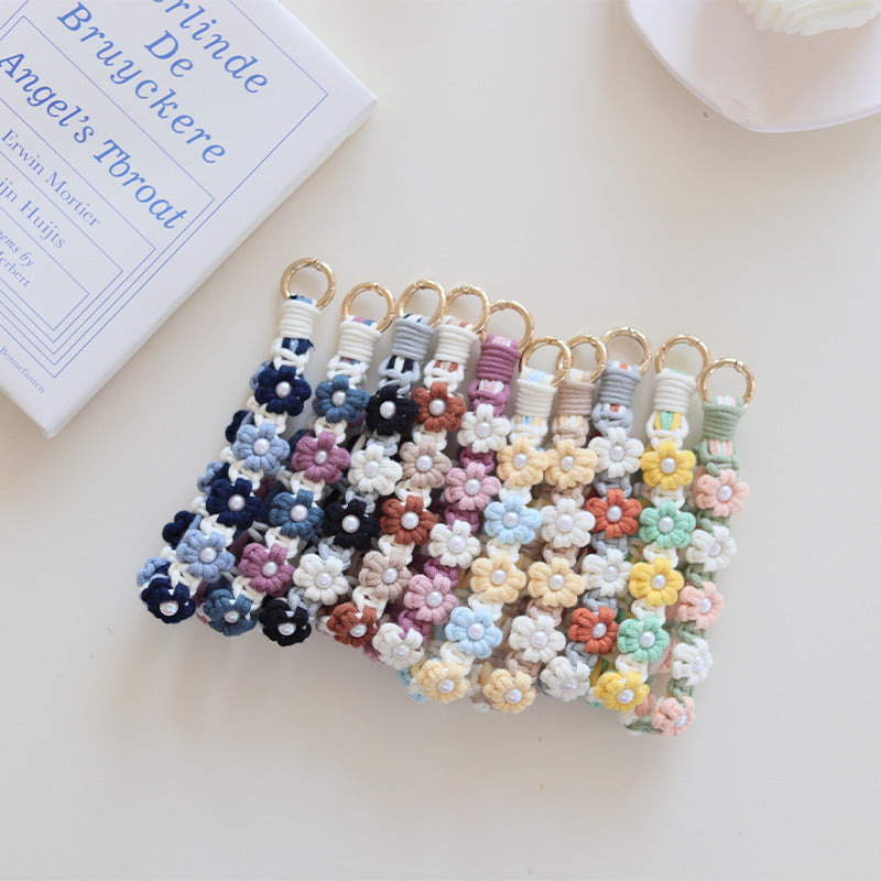 Wholesale Hand Woven Pearl Flower Cotton Rope Keychain