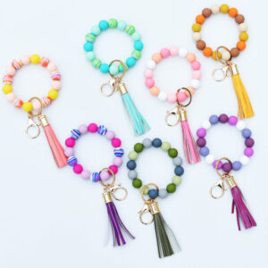 Wholesale Silicone Bead PU Tassel Wrist Keychain