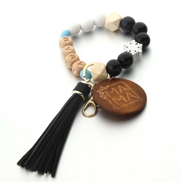 Wholesale Silicone Wooden Beads Leather Tassel MAMA Wrist Keychain