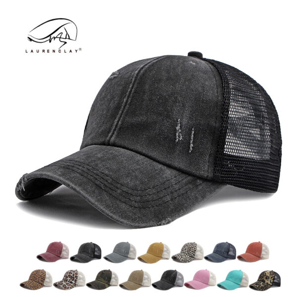 Wholesale Breathable Mesh Washed Distressed Crossover Ponytail Baseball Cap