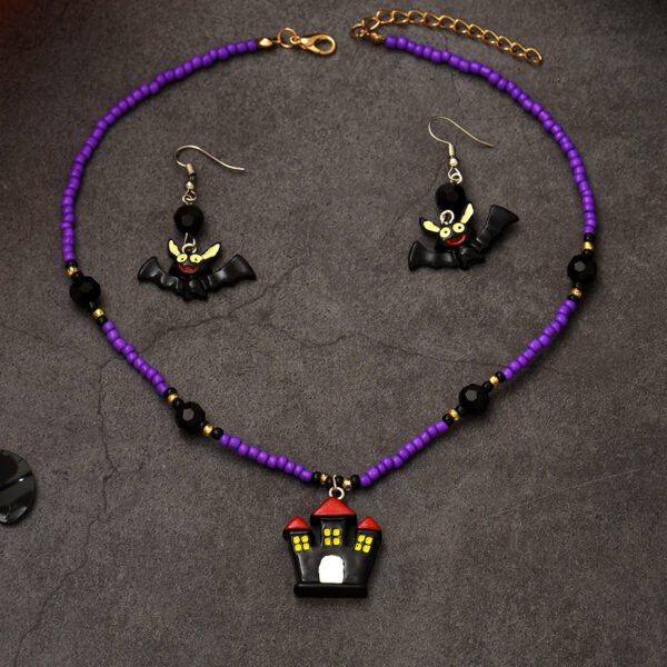 Wholesale Halloween Rice Beads Dark Castle Bat Earrings Necklace Set
