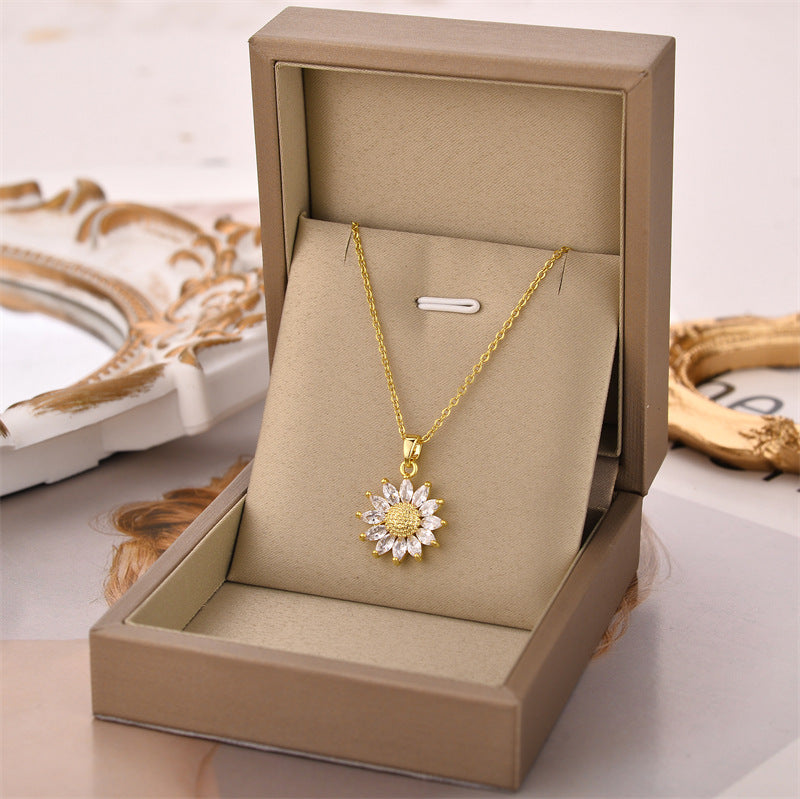 Wholesale Gold Zircon Suower Pendant Titanium Steel Necklaces