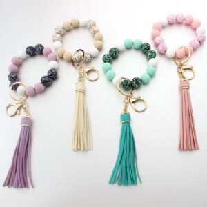 Wholesale Solid Wood Beads Silicone Beads Tassel Pendant Creative DIY Beaded Wrist Keychain