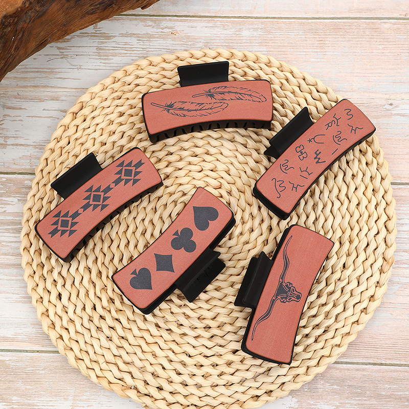 Wholesale Western Cowboy Style Feather Cow Scalp Leather Women's Hair Clip Shark Clip