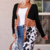 Wholesale Winter Polyester Cow Pattern Western Denim Patchwork Knitted Cardigan Mid Length Jacket