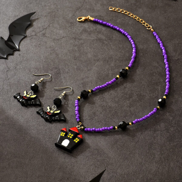 Wholesale Halloween Rice Beads Dark Castle Bat Earrings Necklace Set