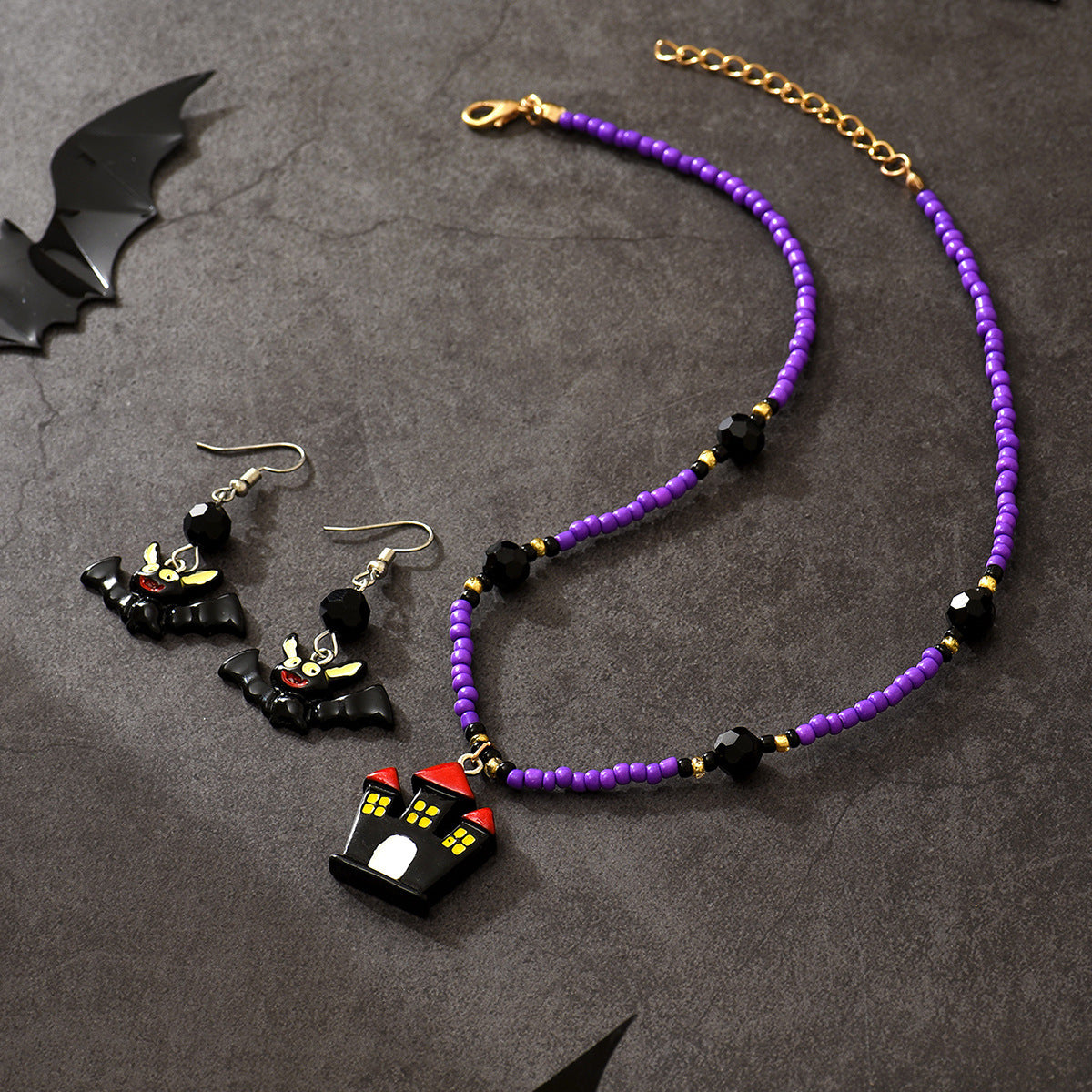 Wholesale Rice Beads Dark Castle Bat Earrings Necklace Set