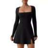 Wholesale Spandex Women's Square Neck Tight Fitting Corset, Long Sleeved Slit Flared Mini Dress