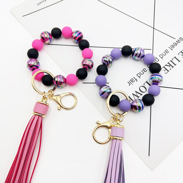 Wholesale UV Plating Colorful Zebra Stripe Handmade Acrylic Beaded Wrist Keychain