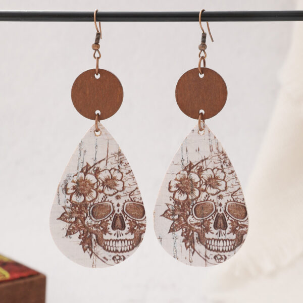 Wholesale Vintage Cork Leather Skull Pumpkin Flower Wood Chip Earrings