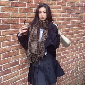 [Brown] thin fringed houndstooth / About 200cm