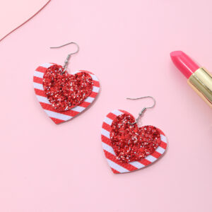Wholesale Valentine's Day Love Shape Red and White Striped Sequins Glitt Leather Earrings Earrings European and American Women Cross-border Amazon