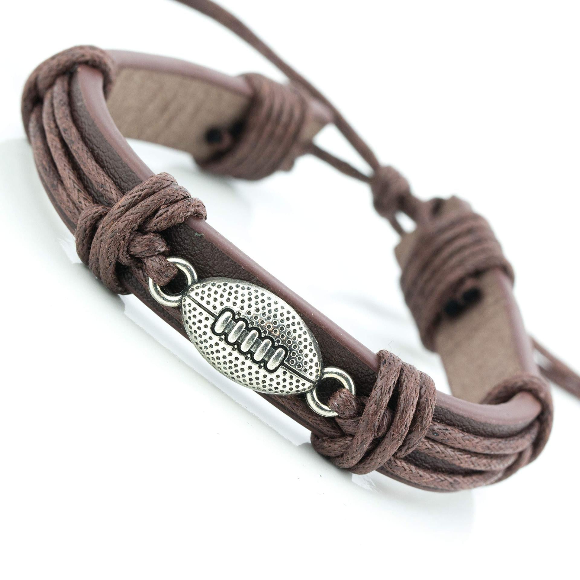 Wholesale Srts Leather Football Basketball Hockey Alloy Adjustable Hand Woven Football Leather Bracelet