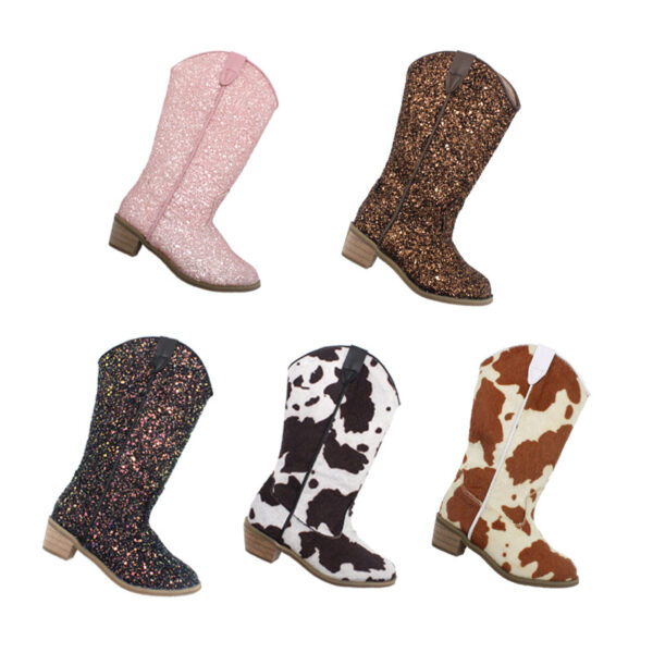 Wholesale of Autumn and Winter Glitter Scallion Pink Girls' Vintage Denim Boots