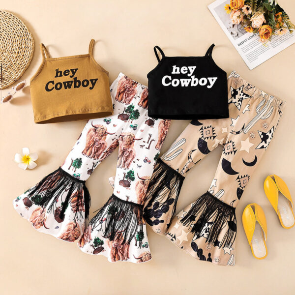 Wholesale Polyester Clothes Letter Suspenders Flared Pants Fashionable Two Piece Set