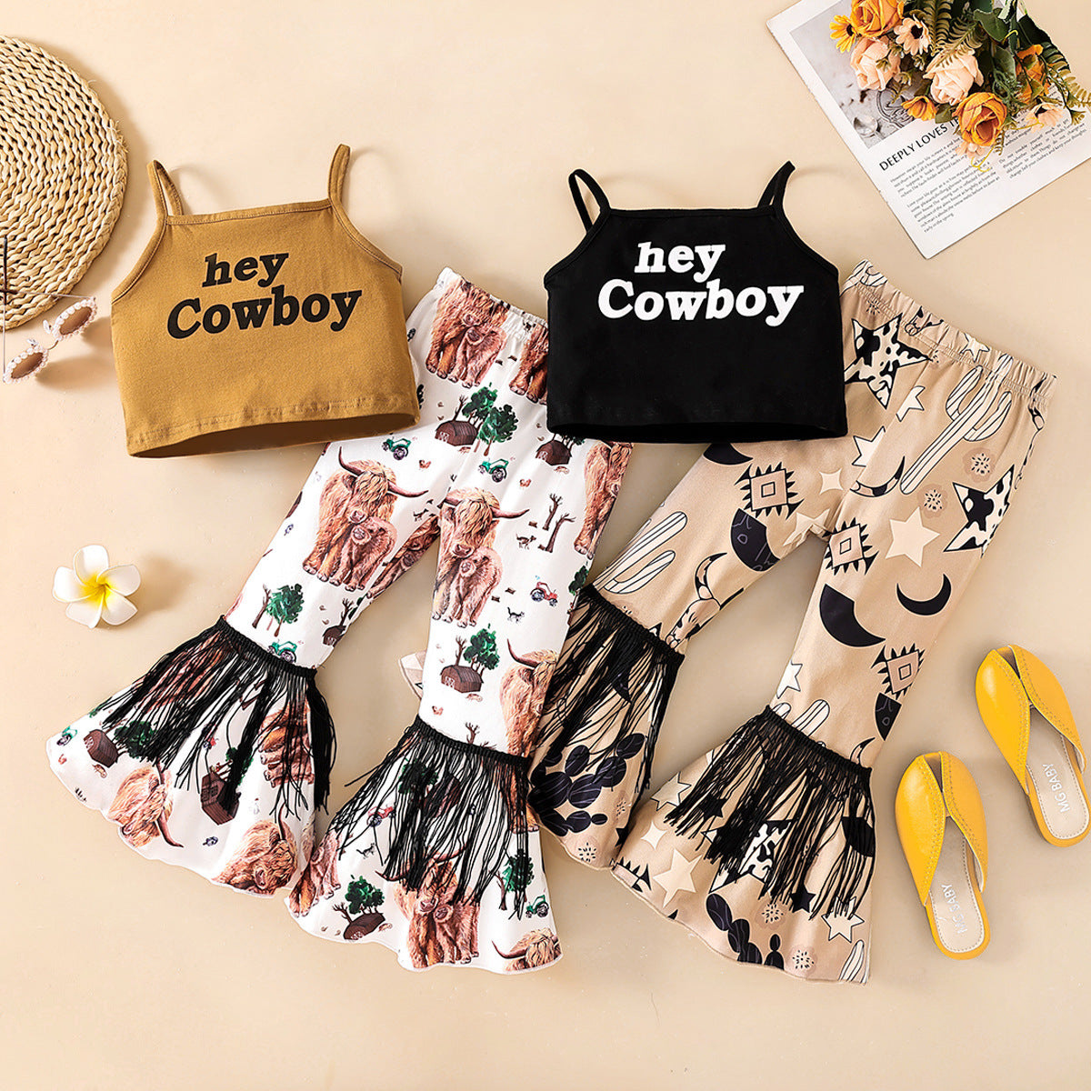 Wholesale lyester Clothes Letter Suspenders Flared Pants Fashionable Two Piece Set