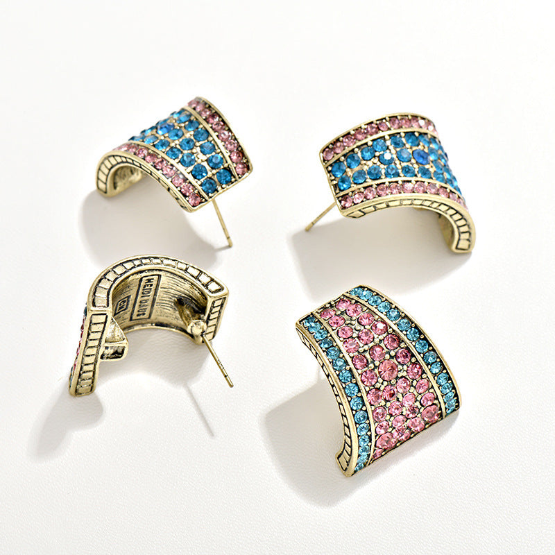 Wholesale Heavy Industry Trapeze Color Diamond C Shape Alloy Earrings