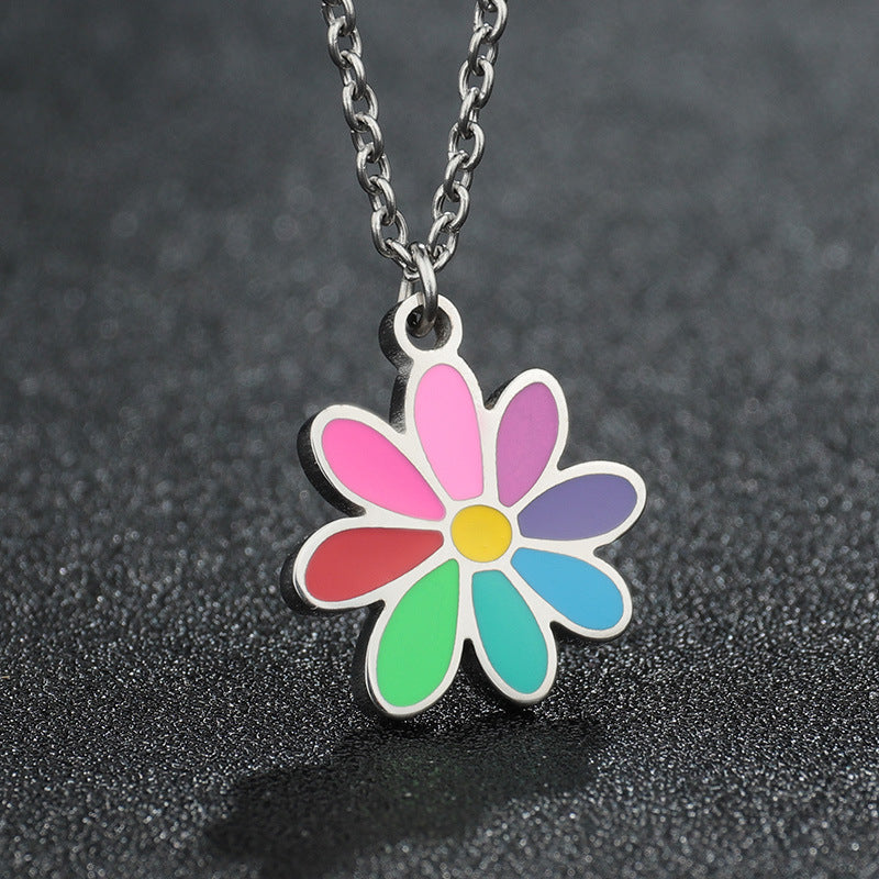 Wholesale Sweater Chain Sn Color Small Flower Titanium Steel Pendant Necklaces